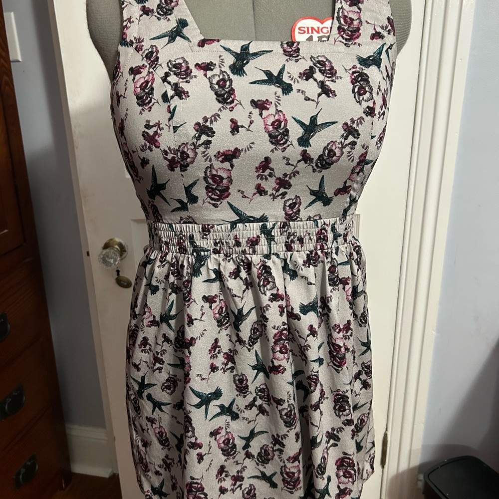 Kensie Hummingbird Floral Print Sleeveless Square Neck Dress S